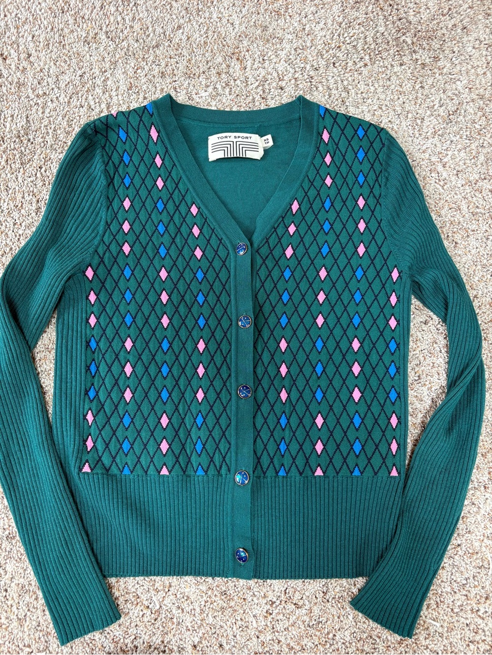 Tory Burch EUC Sport Teal Argyle Button-Front V-Neck Cardigan XS sweater